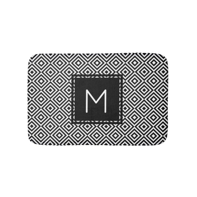 Geometric Diamond Pattern Black and White Monogram Bath Mat (Front)