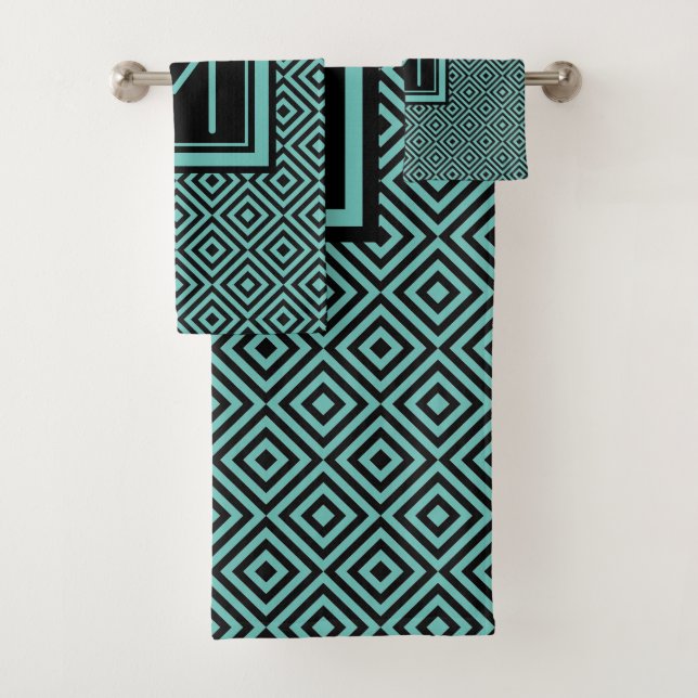 Geometric Diamond Pattern Black teal Monogram Bath Towel Set (Insitu)