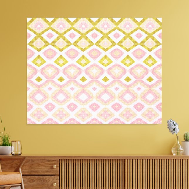 Geometric Diamond Pattern in Pink and Olive Green Canvas Print (Insitu(LivingRoom))