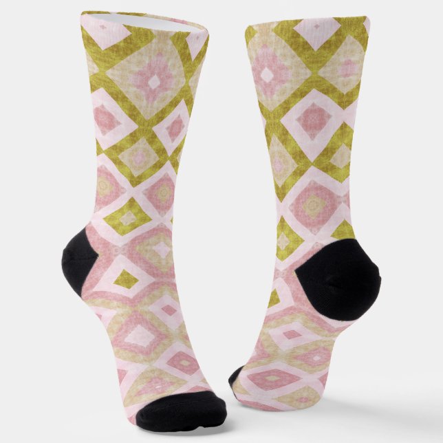 Geometric Diamond Pattern in Pink and Olive Green Socks (Angled)