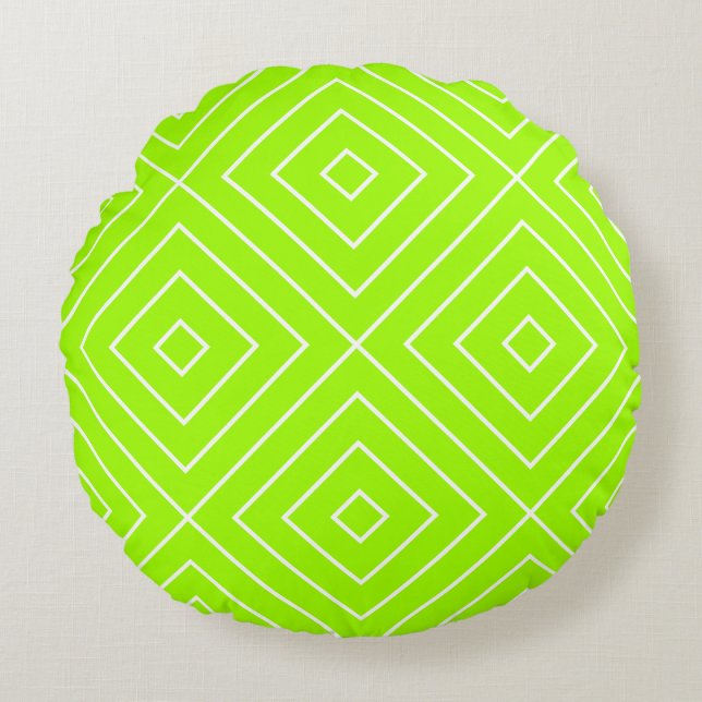 Geometric Diamond Pattern Lime Green Round Pillow (Front)
