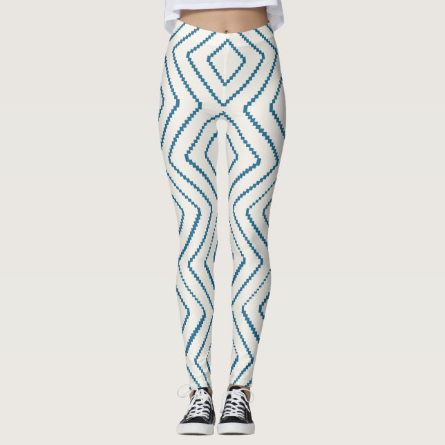 Geometric Diamond Pattern Nautical Blue Design Leggings (Front)
