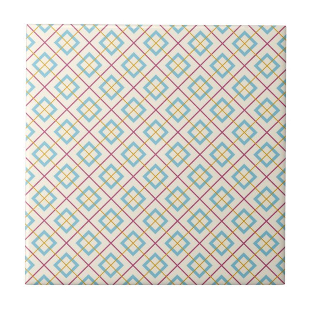 Geometric Diamond Pattern Pastel Pink and Blue Ceramic Tile (Front)
