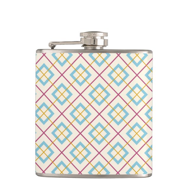 Geometric Diamond Pattern Pastel Pink and Blue Flask (Front)