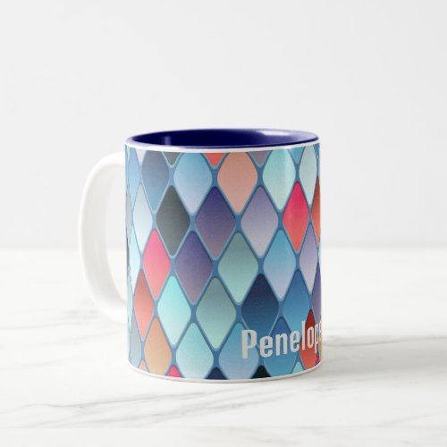 Geometric Diamond Patterned Monogram Blue Red Chic Two_Tone Coffee Mug