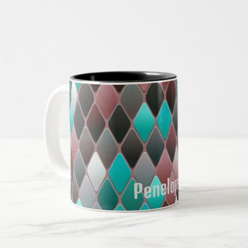 Geometric Diamond Patterned Monogram Teal Burgundy Two_Tone Coffee Mug