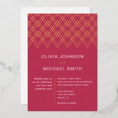 Geometric Diamonds Magenta Wedding Foil Invitation