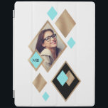Geometric Diamonds Pattern Photo and Monogram iPad Smart Cover<br><div class="desc">Create a stylish custom iPad cover with a chic and trendy modern diamond geometric pattern in shimmery gold, aqua and black over a white background. Personalize this item with your desired photo by uploading your photo in place of the sample photo shown in the design template. Edit the sample monogram...</div>