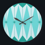 Geometric Diamonds & Starbursts Round Wall Clock<br><div class="desc">This Geometric Diamonds & Starbursts Acrylic Round Wall Clock has all of the kitschy charm of something that is kitschy and charming. The vintage inspired design features a mod, peacock blue background with light blue, elongated hexagons, layered with turquoise diamonds, and peacock blue starbursts. It’s a kaleidoscope of retro goodness!...</div>