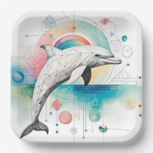 Geometric Dolphin Art Paper Plate – 9-Inch Square