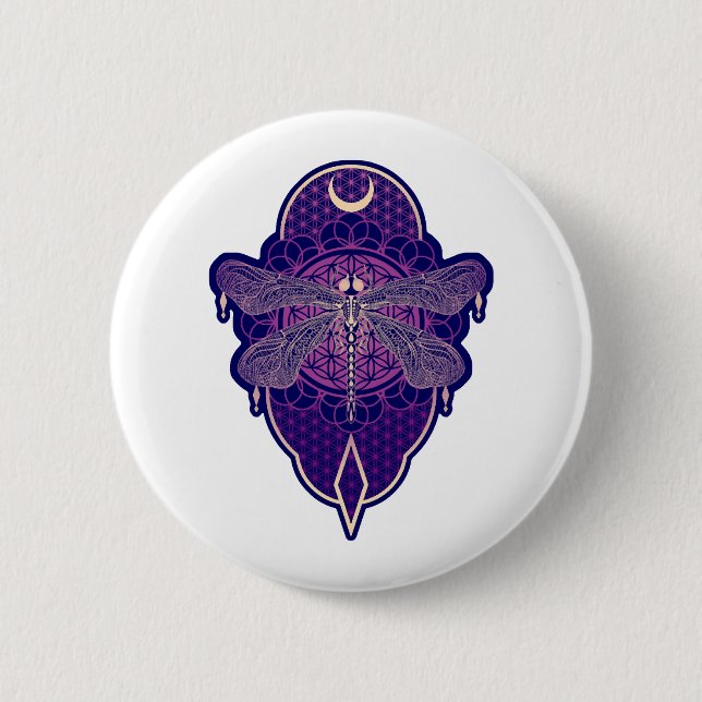Geometric Dragonfly Mandala Life Flower Symbol Button (Front)
