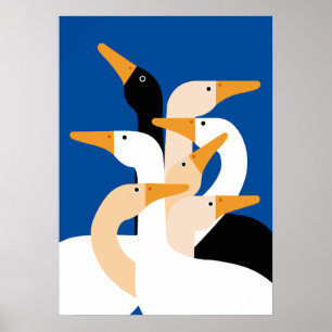 Geometric Duck Flock Art Print Bold Blue Wall