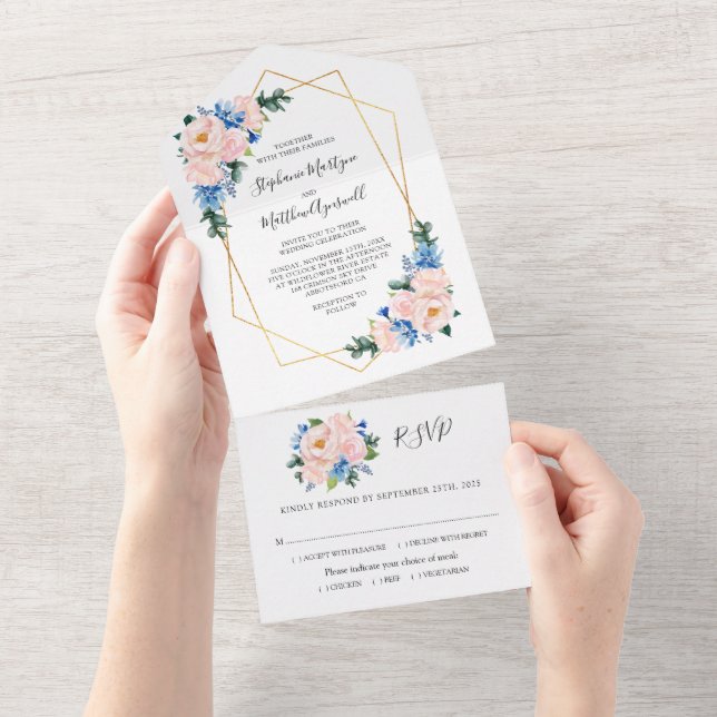 Geometric Dusty Blue Blush Pink Floral Wedding All In One Invitation (Tearaway)