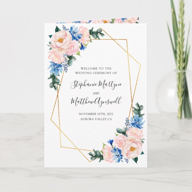 Geometric Dusty Blue Blush Pink Floral Wedding Program (Front)