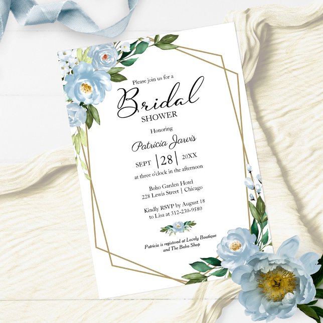 Geometric Dusty Blue Floral Bridal Shower Invitation (Creator Uploaded)