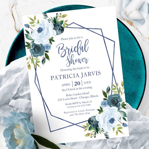 Geometric Dusty Blue Floral Bridal Shower Invitation