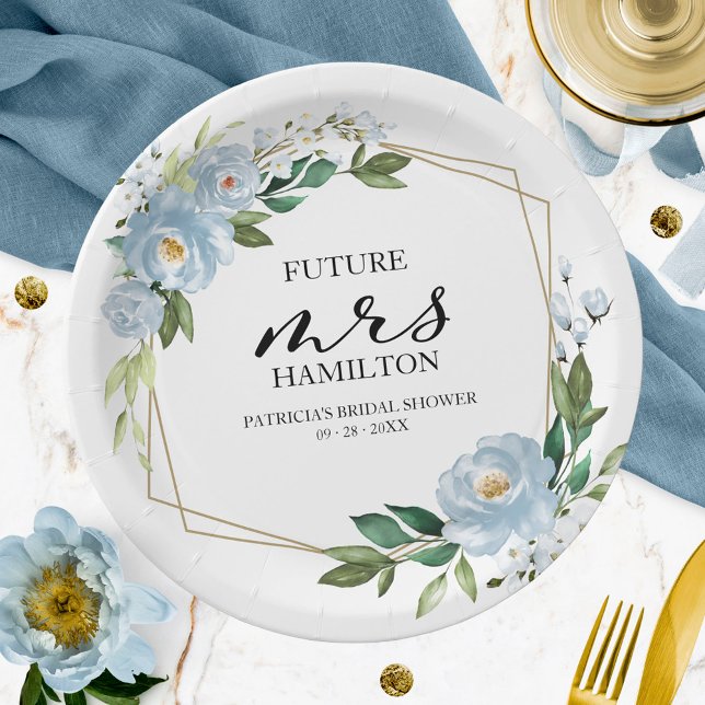 Geometric Dusty Blue Floral  Bridal Shower Paper Plates (Creator Uploaded)