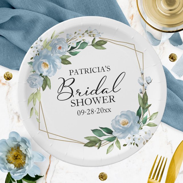 Geometric Dusty Blue Floral Bridal Shower Paper Plates (Creator Uploaded)