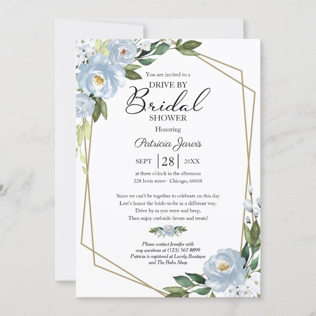 Geometric Dusty Blue Floral Drive By Bridal Shower Invitation (Front)