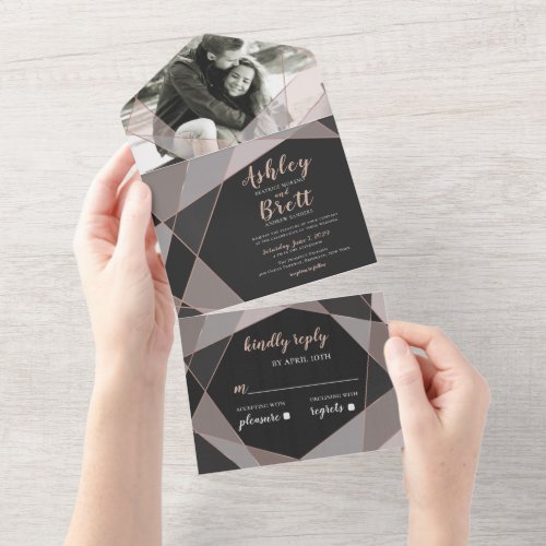 Geometric Dusty Pink Rose Gold Chalkboard Photo All In One Invitation