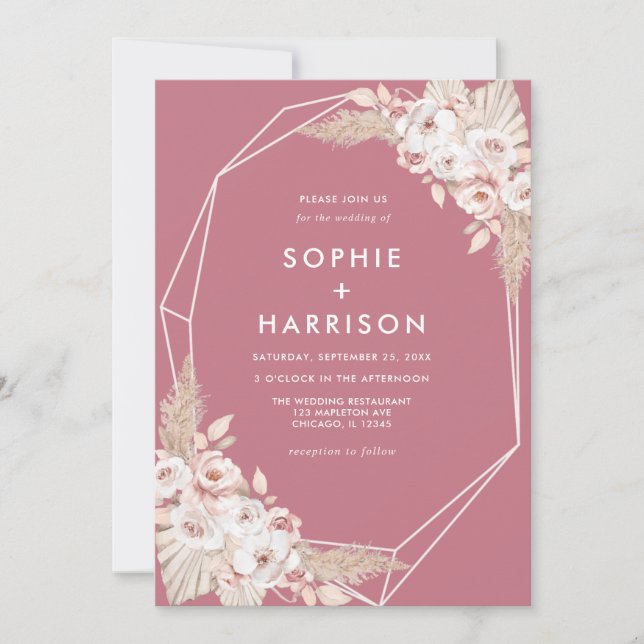 Geometric Dusty Rose Boho Pampas Grass Wedding Invitation (Front)