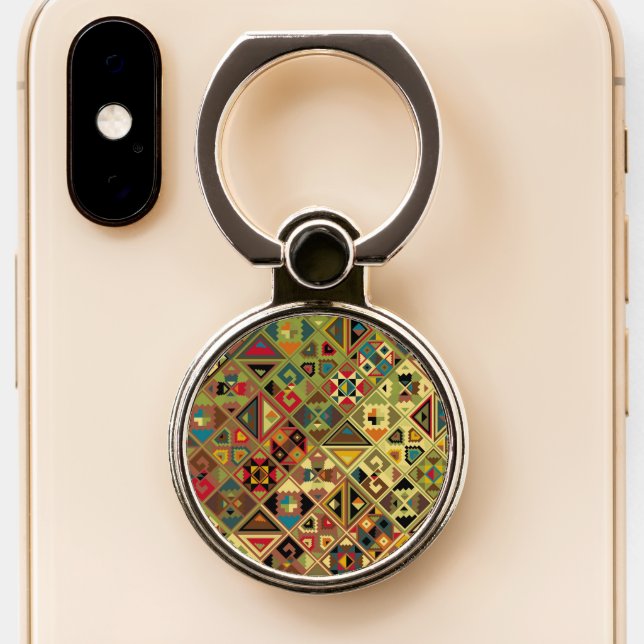 Geometric Egyptian, Aztec - Quilt Design Pattern Phone Ring Stand (Close Up)