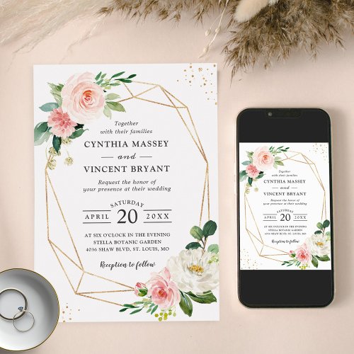 Geometric Elegance Blush Pink Floral Wedding Invitation
