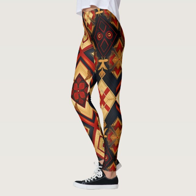 Geometric Elegance Seamless Pattern Red Gold Black Leggings (Left)