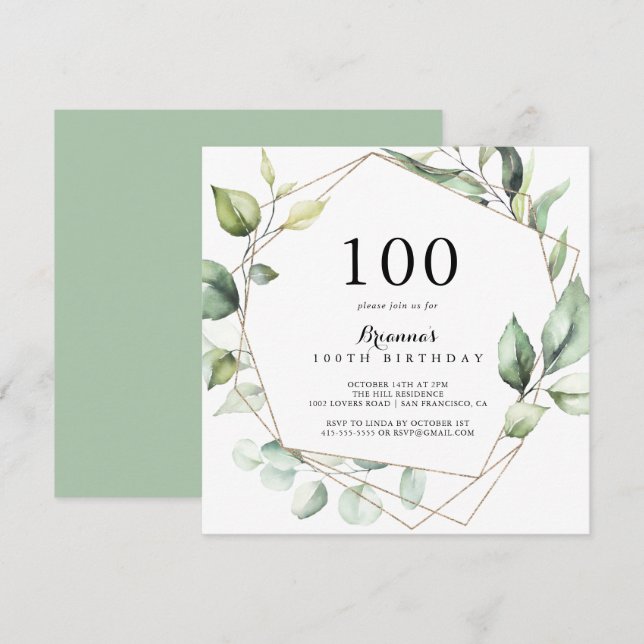 Geometric Elegant Gold Green 100th Birthday Party Invitation (Front/Back)