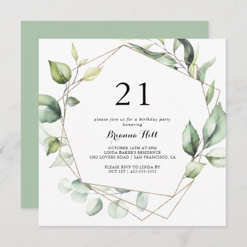 Geometric Elegant Gold Green 21st Birthday Party Invitation