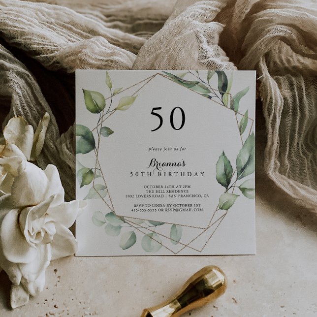 Geometric Elegant Gold Green 50th Birthday Party Invitation (Creator Uploaded)