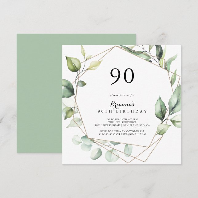 Geometric Elegant Gold Green 90th Birthday Party Invitation (Front/Back)