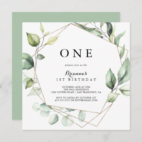 Geometric Elegant Gold Green First Birthday Party Invitation