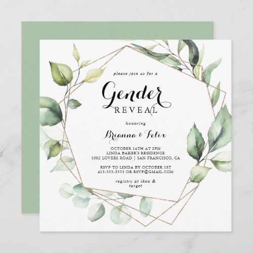 Geometric Elegant Gold Green Gender Reveal Party Invitation