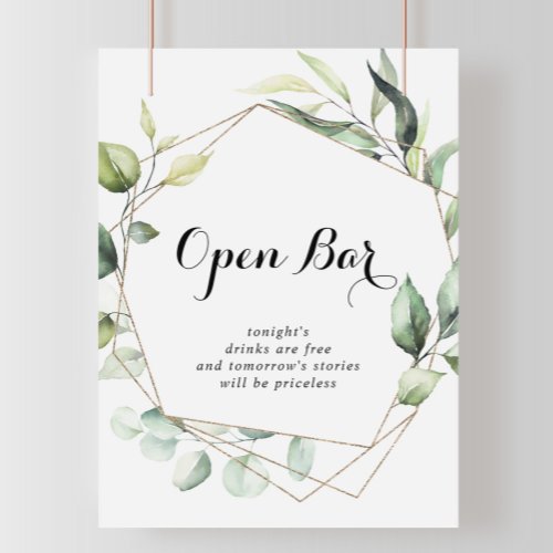 Geometric Elegant Gold Green Wedding Open Bar Sign