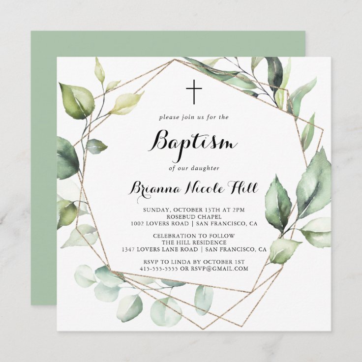 Geometric Elegant Gold Greenery Baptism Invitation | Zazzle