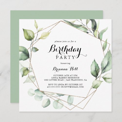 Geometric Elegant Gold Greenery Birthday Party Invitation