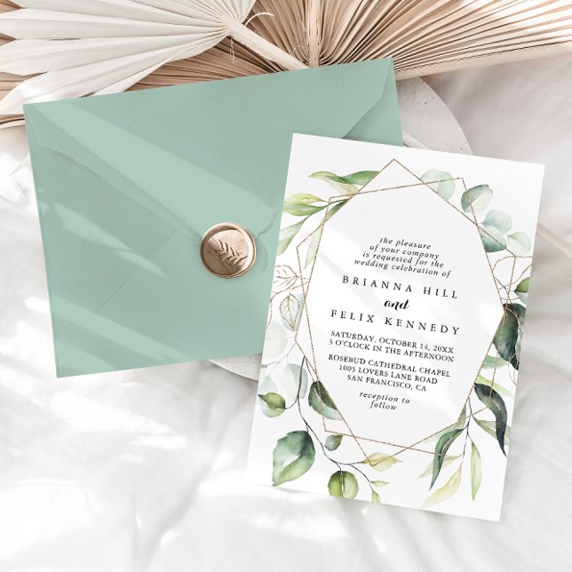 Geometric Elegant Gold Greenery Diamond Wedding Invitation (Creator Uploaded)