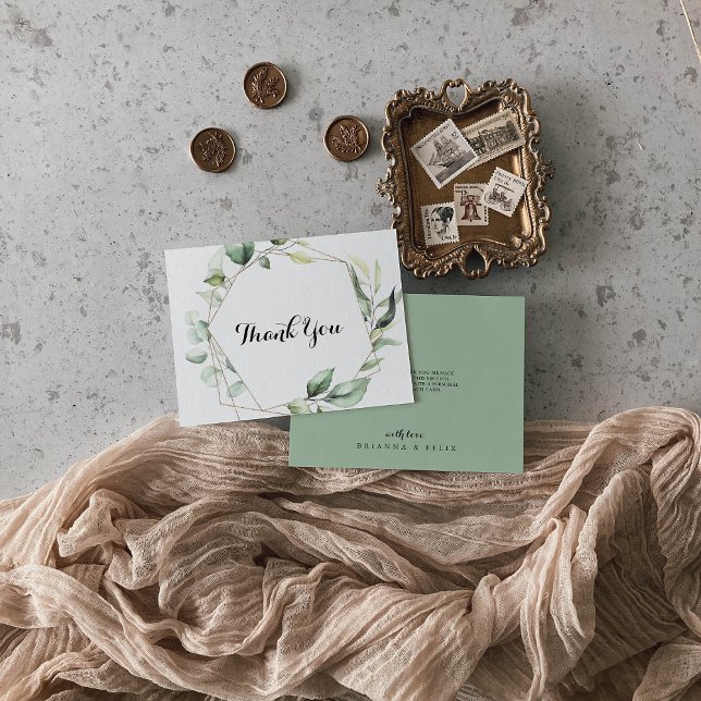 Geometric Elegant Gold Greenery Flat Wedding Thank You Card (Creator Uploaded)