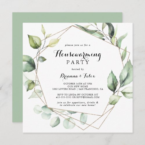 Geometric Elegant Gold Greenery Housewarming Party Invitation