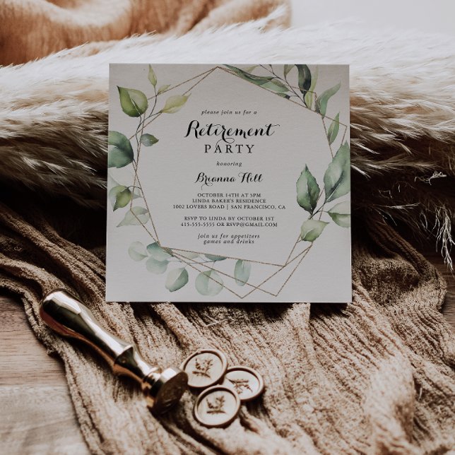 Geometric Elegant Gold Greenery Retirement Party Invitation (Creator Uploaded)