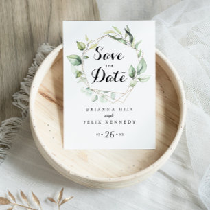 Geometric Elegant Gold Greenery Save the Date Postcard