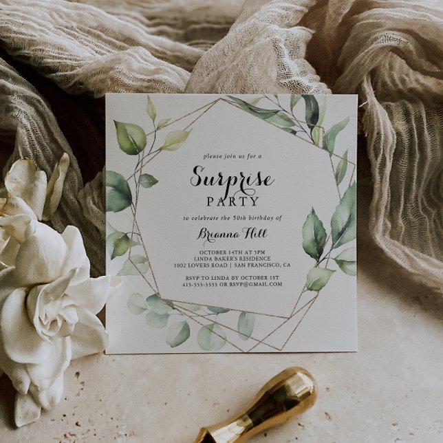 Geometric Elegant Gold Greenery Surprise Party Invitation (Creator Uploaded)