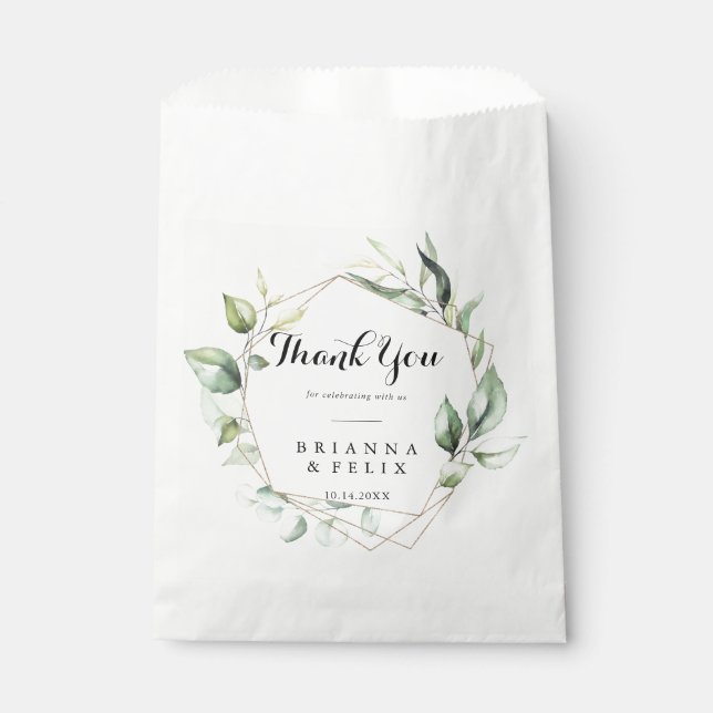 Geometric Elegant Gold Greenery Thank You Wedding Favor Bag (Front)