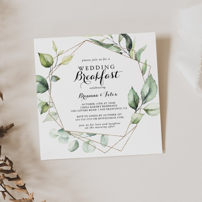 Geometric Elegant Gold Greenery Wedding Breakfast Invitation (Creator Uploaded)