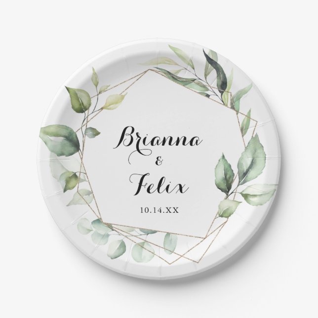 Geometric Elegant Gold Greenery Wedding Cake Paper Plates (Front)