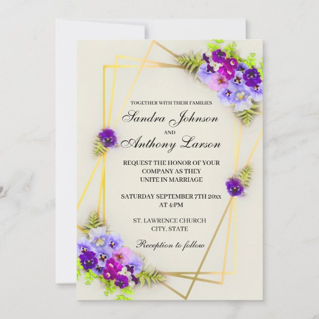 Geometric Elegant Pansies Wedding Invitation (Front)