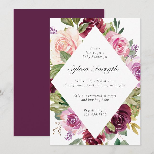 Geometric Elegant Purple Floral Girl Baby Shower Invitation (Front/Back)