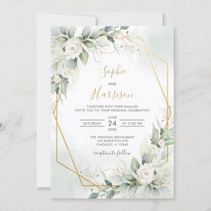 Geometric Elegant Sage and Gold Greenery Wedding Invitation | Zazzle