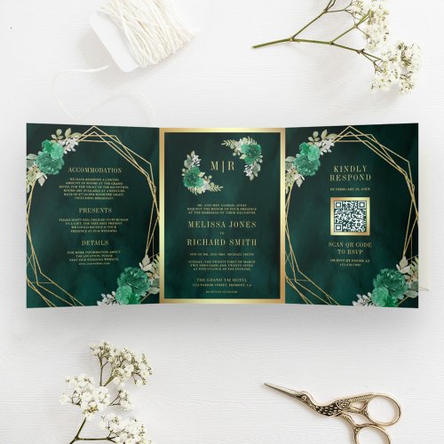 Geometric Emerald Green Floral QR Code Wedding Tri_Fold Invitation